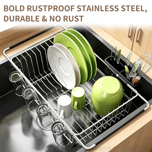 Expandable Over Sink Dish Drying Rack, Rustproof Stainless Steel Dish Drainer with Cutlery Utensil Holder, Quick Drainage Space Saving Kitchen Storage Organizer for Small Apartments RV - My Kitchen Products