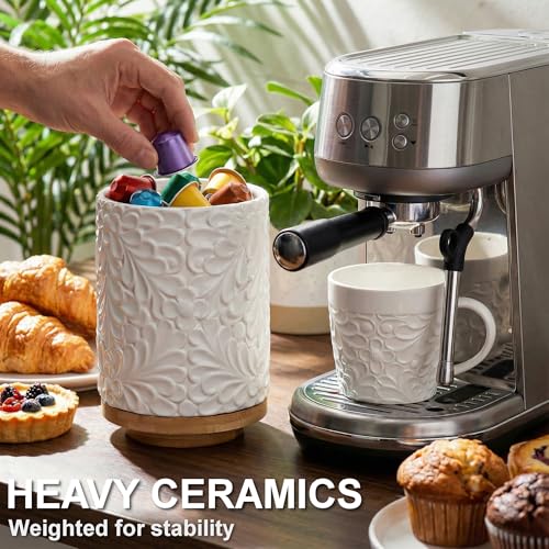 Extra Large 360° Rotating Utensil Holder for Kitchen Counter, 8.3” Cooking Utensil Holder for Countertop with Bamboo Base, White Ceramic Utensil Crock Canister for Cooking Utensils - Engraved Design - My Kitchen Products