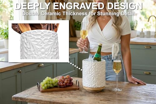 Extra Large 360° Rotating Utensil Holder for Kitchen Counter, 8.3” Cooking Utensil Holder for Countertop with Bamboo Base, White Ceramic Utensil Crock Canister for Cooking Utensils - Engraved Design - My Kitchen Products