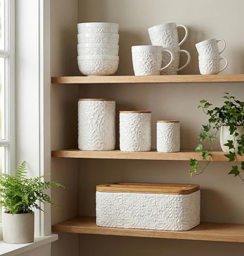 Extra Large 360° Rotating Utensil Holder for Kitchen Counter, 8.3” Cooking Utensil Holder for Countertop with Bamboo Base, White Ceramic Utensil Crock Canister for Cooking Utensils - Engraved Design - My Kitchen Products