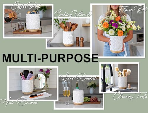 Extra Large 360° Rotating Utensil Holder for Kitchen Counter, 8.3” Cooking Utensil Holder for Countertop with Bamboo Base, White Ceramic Utensil Crock Canister for Cooking Utensils - Engraved Design - My Kitchen Products
