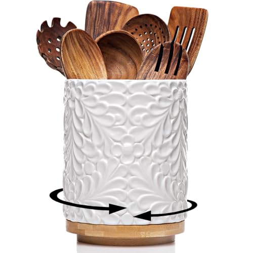 Extra Large 360° Rotating Utensil Holder for Kitchen Counter, 8.3” Cooking Utensil Holder for Countertop with Bamboo