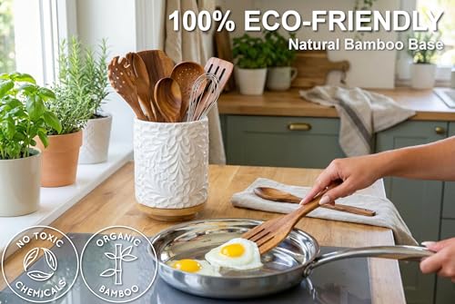 Extra Large 360° Rotating Utensil Holder for Kitchen Counter, 8.3” Cooking Utensil Holder for Countertop with Bamboo Base, White Ceramic Utensil Crock Canister for Cooking Utensils - Engraved Design - My Kitchen Products
