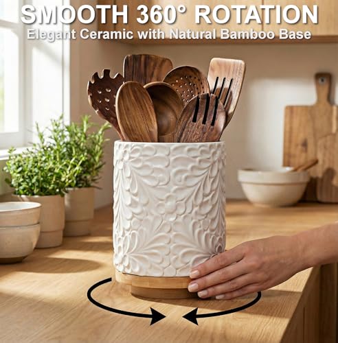Extra Large 360° Rotating Utensil Holder for Kitchen Counter, 8.3” Cooking Utensil Holder for Countertop with Bamboo Base, White Ceramic Utensil Crock Canister for Cooking Utensils - Engraved Design - My Kitchen Products
