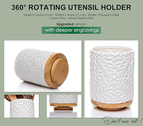 Extra Large 360° Rotating Utensil Holder for Kitchen Counter, 8.3” Cooking Utensil Holder for Countertop with Bamboo Base, White Ceramic Utensil Crock Canister for Cooking Utensils - Engraved Design - My Kitchen Products