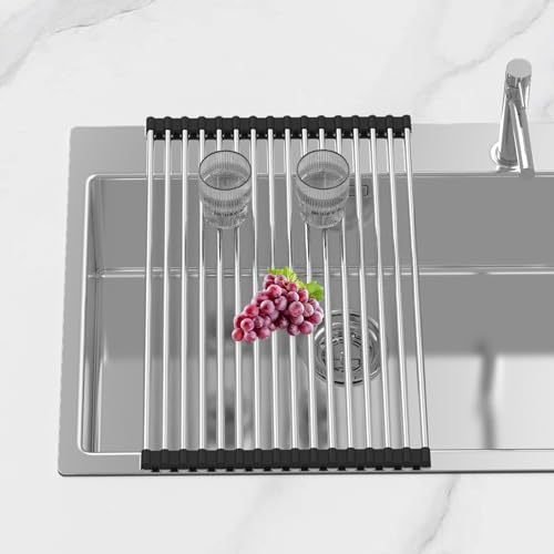 Extra Large Expandable Roll Up Dish Drying Rack,Over The Sink Drying Rack Sink Cover Kitchen Sink Accessories Kitchen Rolling up Stainless Steel Drainer, Foldable,Rollable（Black，22.8''-12.4''） - My Kitchen Products