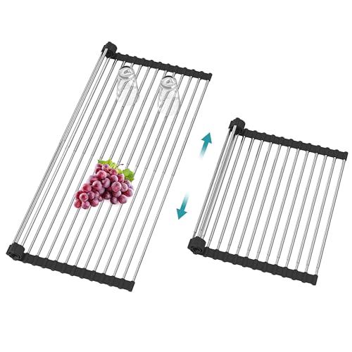 Extra Large Expandable Roll Up Dish Drying Rack,Over The Sink Drying Rack Sink Cover Kitchen Sink Accessories Kitchen Rolling up Stainless Steel Drainer, Foldable,Rollable（Black，22.8''-12.4''） - My Kitchen Products
