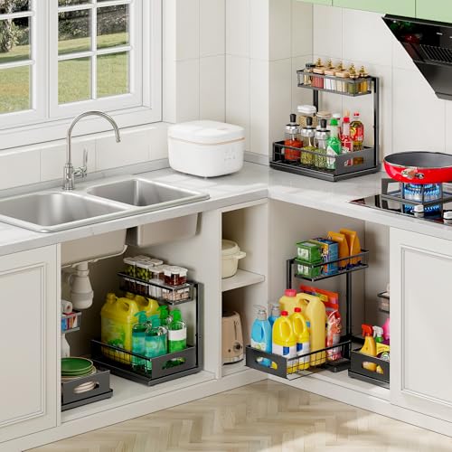 Fabutier Under Sink Organizer, 2 Pack Cabinet Organizer for Kitchen, Height Adjustable Pull Out Heavy Duty 2 Tier Metal Under Sink Storage for Bathroom Pantry (Black, 2 Pack) - My Kitchen Products