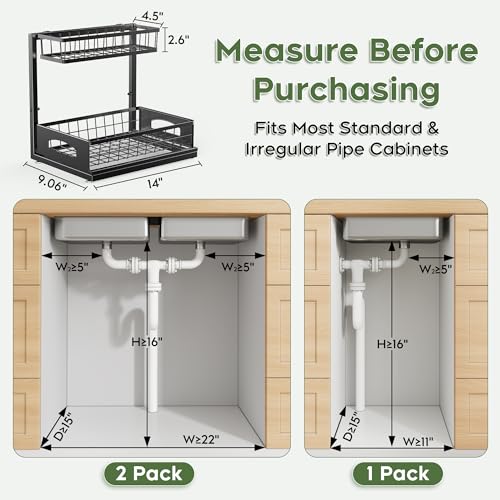 Fabutier Under Sink Organizer, 2 Pack Cabinet Organizer for Kitchen, Height Adjustable Pull Out Heavy Duty 2 Tier Metal Under Sink Storage for Bathroom Pantry (Black, 2 Pack) - My Kitchen Products