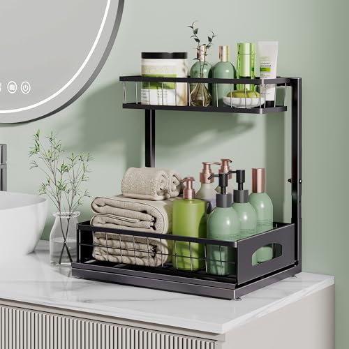 Fabutier Under Sink Organizer, 2 Pack Cabinet Organizer for Kitchen, Height Adjustable Pull Out Heavy Duty 2 Tier Metal Under Sink Storage for Bathroom Pantry (Black, 2 Pack) - My Kitchen Products