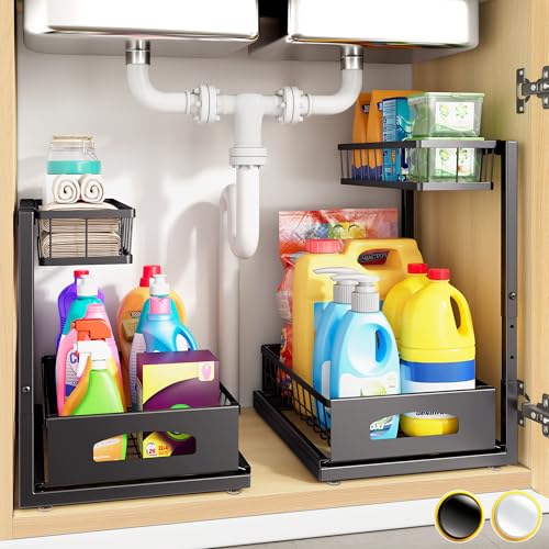 Fabutier Under Sink Organizer, 2 Pack Cabinet Organizer for Kitchen, Height Adjustable Pull Out Heavy Duty 2 Tier Metal