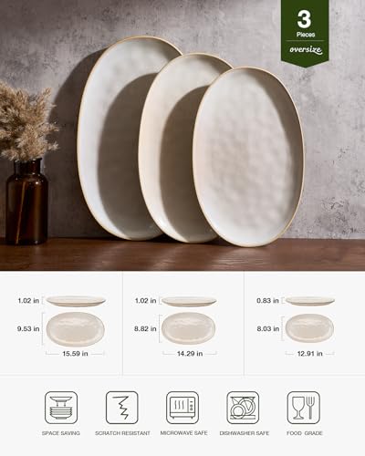 famiware Serving Platter, Oval 15.59/14.3/12.9 inch Serving Dishes for Entertaining, Serving Bowls, Microwave Safe, Stonware Serving Trays for Party, Turkey, Cheese, Ocean Series, Cappuccino White - My Kitchen Products