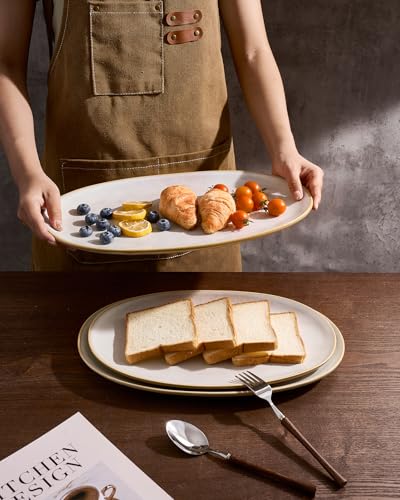 famiware Serving Platter, Oval 15.59/14.3/12.9 inch Serving Dishes for Entertaining, Serving Bowls, Microwave Safe, Stonware Serving Trays for Party, Turkey, Cheese, Ocean Series, Cappuccino White - My Kitchen Products