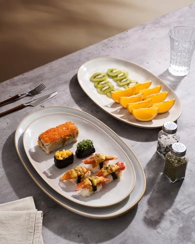 famiware Serving Platter, Oval 15.59/14.3/12.9 inch Serving Dishes for Entertaining, Serving Bowls, Microwave Safe, Stonware Serving Trays for Party, Turkey, Cheese, Ocean Series, Cappuccino White - My Kitchen Products
