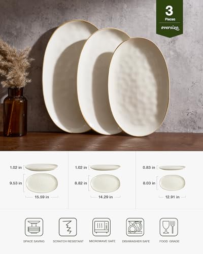 famiware Serving Platter, Oval 15.59/14.3/12.9inch Serving Dishes for Entertaining, Serving Bowls, Microwave Safe, Stoneware Serving Trays for Party, Food, Turkey, Cheese, Ocean Series, Vanilla White - My Kitchen Products