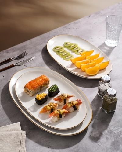famiware Serving Platter, Oval 15.59/14.3/12.9inch Serving Dishes for Entertaining, Serving Bowls, Microwave Safe, Stoneware Serving Trays for Party, Food, Turkey, Cheese, Ocean Series, Vanilla White - My Kitchen Products