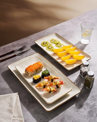 Famiware Serving Platter, Rectangular 15.67/14.1/12.6inch Serving Dishes for Entertaining, Microwave Dishwasher Safe, Stoneware Serving Trays for Party, Turkey, Cheese, Ocean Series, Vanilla White - My Kitchen Products