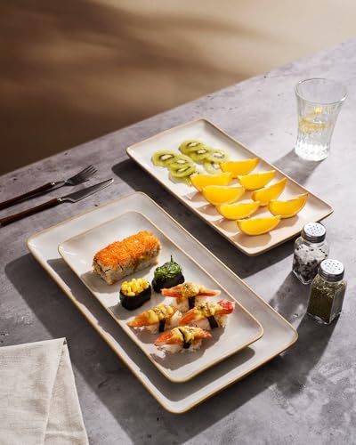 Famiware Serving Platter, Rectangular 15.67/14.1/12.6inch Serving Dishes for Entertaining, Microwave Dishwasher Safe, Stoneware Serving Trays for Party, Turkey, Cheese, Ocean Series, Cappuccino White - My Kitchen Products