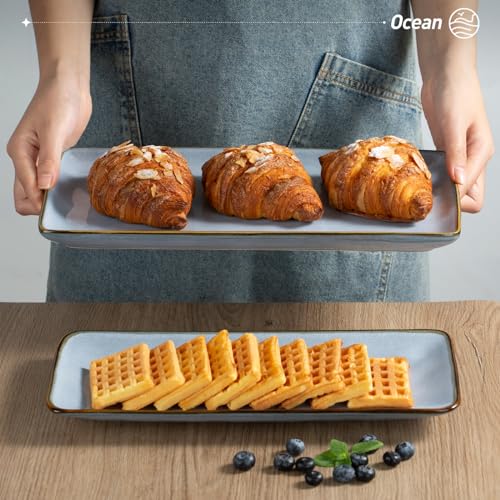 Famiware Serving Platter, Rectangular 15.67/14.1/12.6inch Serving Dishes for Entertaining, Reactive Glaze, Stoneware Serving Trays for Party, Food, Turkey, Snack, Cheese, Ocean Series, Blue - My Kitchen Products