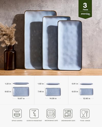 Famiware Serving Platter, Rectangular 15.67/14.1/12.6inch Serving Dishes for Entertaining, Reactive Glaze, Stoneware Serving Trays for Party, Food, Turkey, Snack, Cheese, Ocean Series, Blue - My Kitchen Products