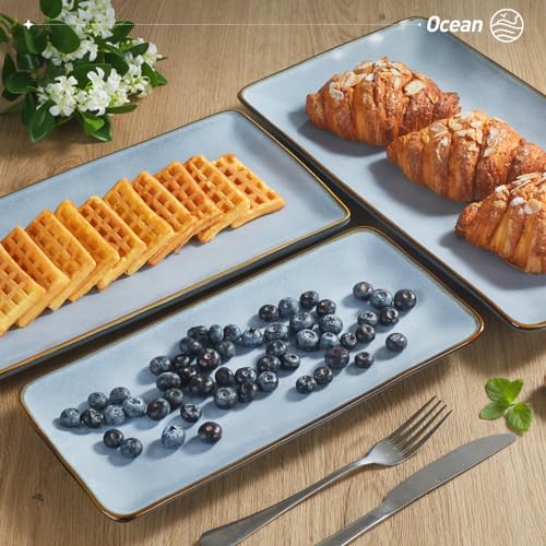 Famiware Serving Platter, Rectangular 15.67/14.1/12.6inch Serving Dishes for Entertaining, Reactive Glaze, Stoneware Serving Trays for Party, Food, Turkey, Snack, Cheese, Ocean Series, Blue - My Kitchen Products