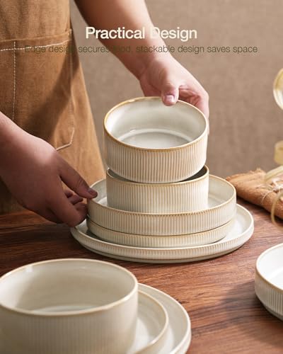 Famiware Star Dinnerware Sets, Plates and Bowls Set for 4, 12 Pieces Ribbed Dishes - Chip and Scratch Resistant, Microwave and Dishwasher Safe Tableware, Cappuccino White - My Kitchen Products