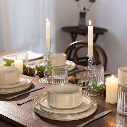 Famiware Star Dinnerware Sets, Plates and Bowls Set for 4, 12 Pieces Ribbed Dishes - Chip and Scratch Resistant, Microwave and Dishwasher Safe Tableware, Cappuccino White - My Kitchen Products