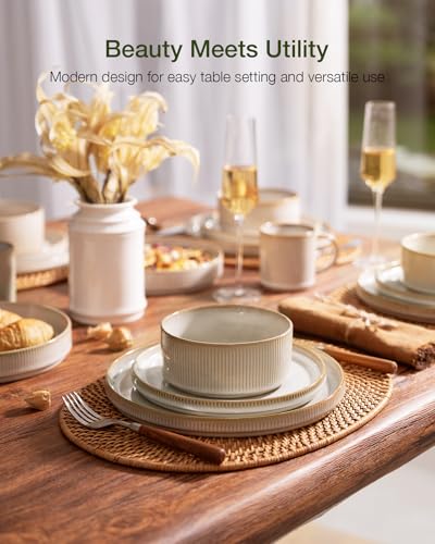 Famiware Star Dinnerware Sets, Plates and Bowls Set for 4, 12 Pieces Ribbed Dishes - Chip and Scratch Resistant, Microwave and Dishwasher Safe Tableware, Cappuccino White - My Kitchen Products