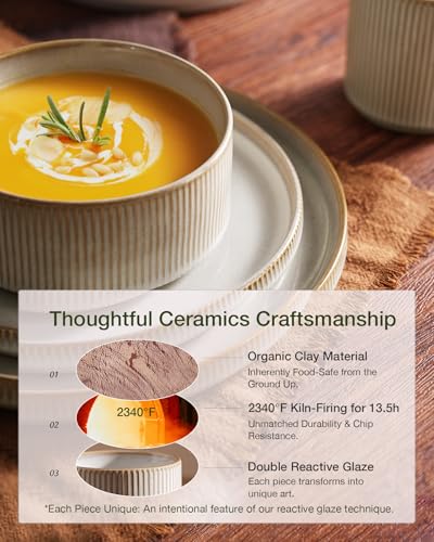 Famiware Star Dinnerware Sets, Plates and Bowls Set for 4, 12 Pieces Ribbed Dishes - Chip and Scratch Resistant, Microwave and Dishwasher Safe Tableware, Cappuccino White - My Kitchen Products