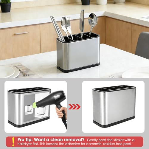 FAMIWIN Silverware Cutlery Organizer, Stainless Steel Kitchen Utensil Holder with 4 Compartments for Counter, Caddy Organizer for Faltware Spoon Fork and Tool - My Kitchen Products