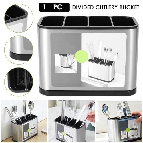 FAMIWIN Silverware Cutlery Organizer, Stainless Steel Kitchen Utensil Holder with 4 Compartments for Counter, Caddy Organizer for Faltware Spoon Fork and Tool - My Kitchen Products