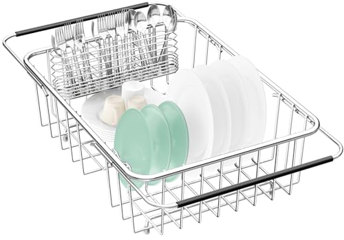Fanbsy Large Dish Drainer Rack in Sink Adjustable, Expandable 304 Stainless Steel Metal Dish Drying Rack Organizer with Stainless Steel Utensil Holder Over Inside Sink Counter, Rustproof - My Kitchen Products