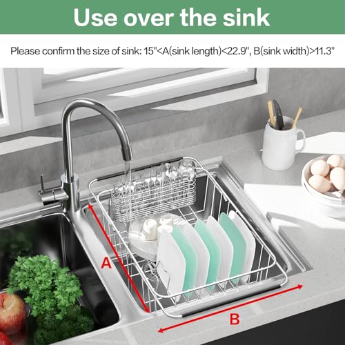 Fanbsy Large Dish Drainer Rack in Sink Adjustable, Expandable 304 Stainless Steel Metal Dish Drying Rack Organizer with Stainless Steel Utensil Holder Over Inside Sink Counter, Rustproof - My Kitchen Products