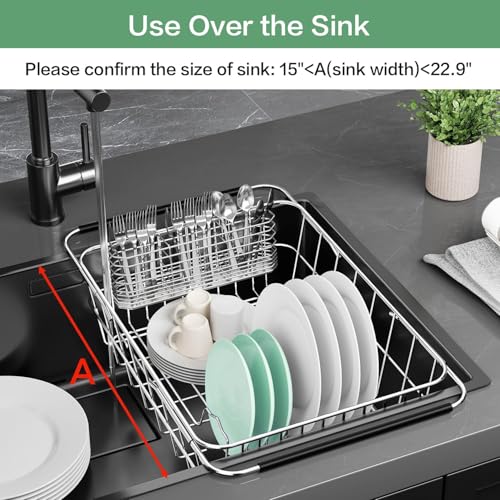 Fanbsy Large Dish Drainer Rack in Sink Adjustable, Expandable 304 Stainless Steel Metal Dish Drying Rack Organizer with Stainless Steel Utensil Holder Over Inside Sink Counter, Rustproof - My Kitchen Products