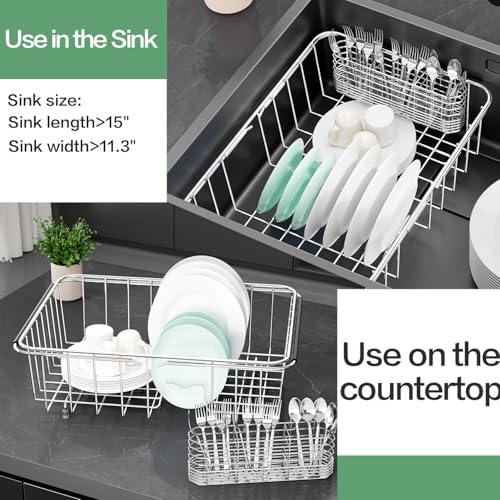Fanbsy Large Dish Drainer Rack in Sink Adjustable, Expandable 304 Stainless Steel Metal Dish Drying Rack Organizer with Stainless Steel Utensil Holder Over Inside Sink Counter, Rustproof - My Kitchen Products