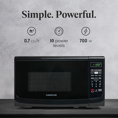 Farberware 0.7 Cu. Ft. Countertop Microwave Oven – 700 Watts Power, Auto Cook Settings, Defrost, Easy Clean and Child Safety Lock - Black - My Kitchen Products