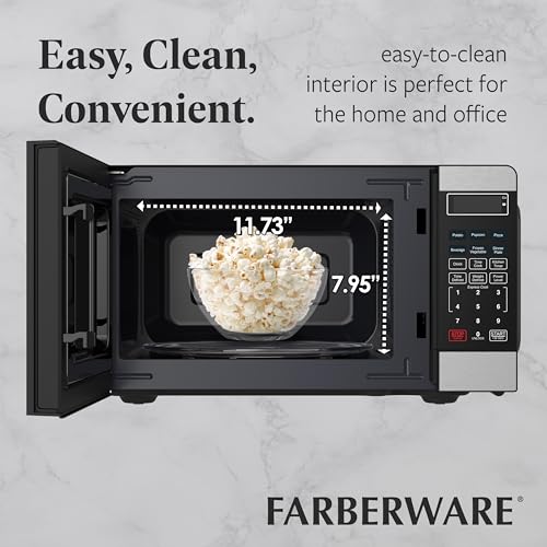 Farberware 0.7 Cu. Ft. Countertop Microwave Oven – 700 Watts Power, Auto Cook Settings, Defrost, Easy Clean and Child Safety Lock - Stainless and Black - My Kitchen Products