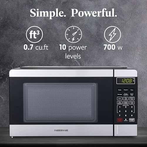 Farberware 0.7 Cu. Ft. Countertop Microwave Oven – 700 Watts Power, Auto Cook Settings, Defrost, Easy Clean and Child Safety Lock - Stainless and Black - My Kitchen Products