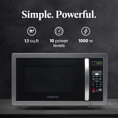 Farberware 1.1 Cu. Ft. Countertop Microwave Oven – 1000 Watts Power, Auto Cook Settings, Defrost, Easy Clean and Child Safety Lock - Stainless - My Kitchen Products