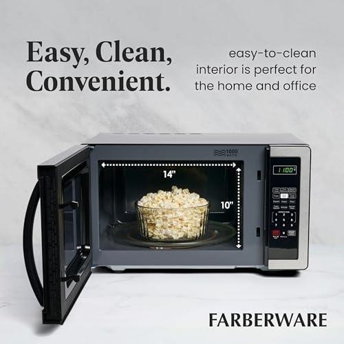Farberware 1.1 Cu. Ft. Countertop Microwave Oven – 1000 Watts Power, Auto Cook Settings, Defrost, Easy Clean and Child Safety Lock - Stainless - My Kitchen Products