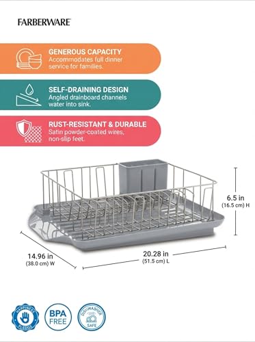 Farberware Classic 3-Piece Dish Drying Rack Set, Gray - Rust-Resistant Dish Rack for Kitchen Counter with Self-Draining Board and Flatware Caddy - My Kitchen Products