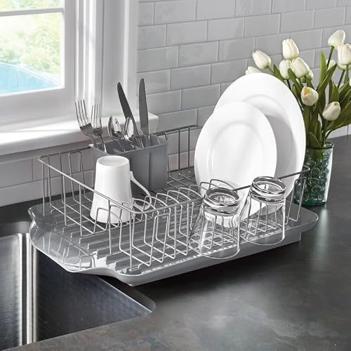 Farberware Classic 3-Piece Dish Drying Rack Set, Gray - Rust-Resistant Dish Rack for Kitchen Counter with Self-Draining Board and Flatware Caddy - My Kitchen Products