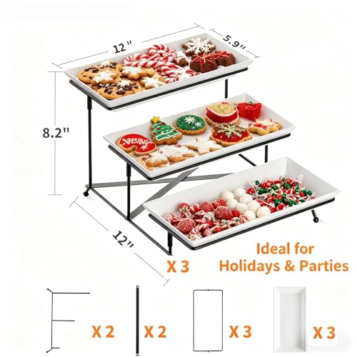 Farielyn-X 3 Tier Serving Tray, 12" White Plastic Tiered Food Serving Platters, Reusable Tray Stand Black Collapsible Metal Stand with Stable Cross Bars, Party Display Stands for Veggie Fruit, Dessert - My Kitchen Products