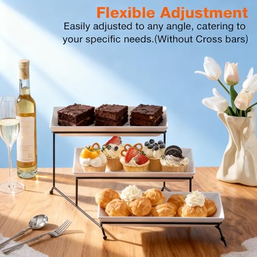 Farielyn-X 3 Tier Serving Tray, 12" White Plastic Tiered Food Serving Platters, Reusable Tray Stand Black Collapsible Metal Stand with Stable Cross Bars, Party Display Stands for Veggie Fruit, Dessert - My Kitchen Products