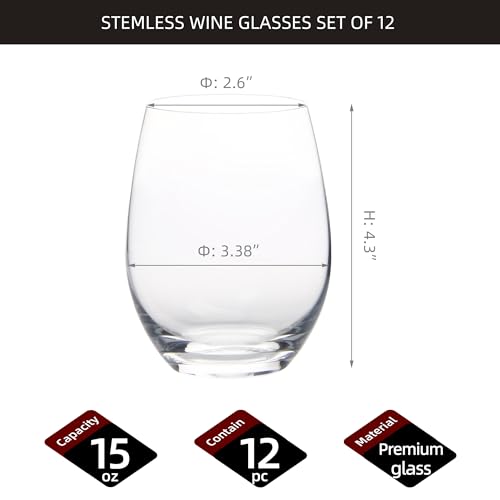 FAWLES Stemless Wine Glasses Set of 12, 15 Ounce Smooth Rim Standard Wine Glass Tumbler for Red, White Wine, Dishwasher Safe - My Kitchen Products
