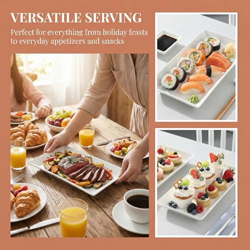 Feenmai 12" Serving Platters Set of 4, White Rectangular Plates, Ceramic Serving Tray, Stackable Large Party Plates for Appetizer, Dessert, Steak, Sushi, Housewarming Gift, Oven Dishwasher Safe - My Kitchen Products