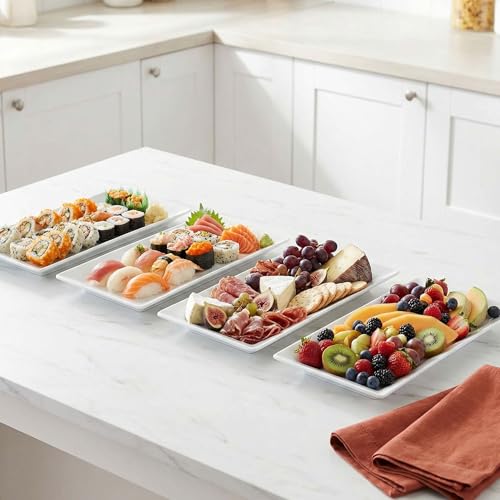 Feenmai 12" Serving Platters Set of 4, White Rectangular Plates, Ceramic Serving Tray, Stackable Large Party Plates for Appetizer, Dessert, Steak, Sushi, Housewarming Gift, Oven Dishwasher Safe - My Kitchen Products