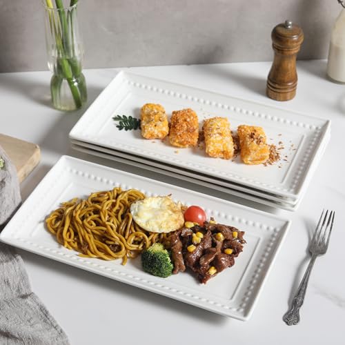 Feenmai 14 inch Ceramic Serving Platter - Rectangular Serving Trays Set of 4, Large Embossed Plates, Porcelain White Platters for Steak, Appetizer, Dessert, Tacos, Housewarming, Oven Dishwasher Safe - My Kitchen Products