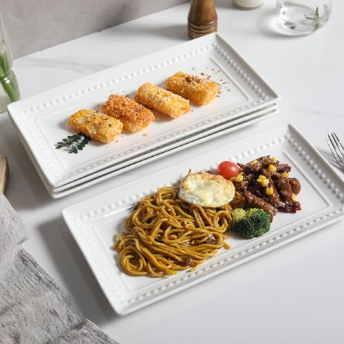 Feenmai 14 inch Ceramic Serving Platter - Rectangular Serving Trays Set of 4, Large Embossed Plates, Porcelain White Platters for Steak, Appetizer, Dessert, Tacos, Housewarming, Oven Dishwasher Safe - My Kitchen Products