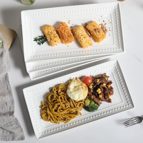 Feenmai 14 inch Ceramic Serving Platter - Rectangular Serving Trays Set of 4, Large Embossed Plates, Porcelain White Platters for Steak, Appetizer, Dessert, Tacos, Housewarming, Oven Dishwasher Safe - My Kitchen Products